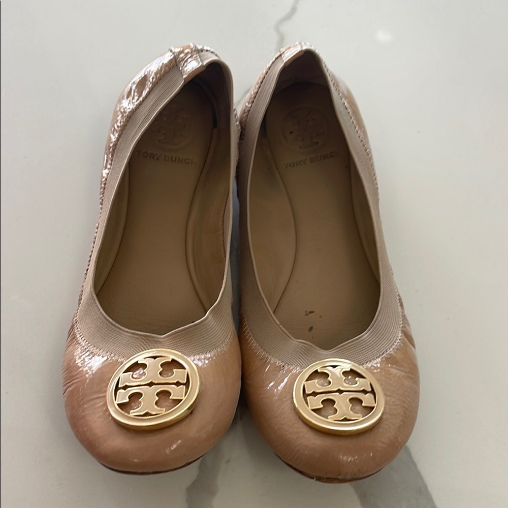Tory Burch Tan Flats with Signature Medallion